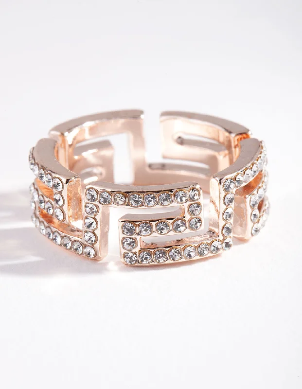 women’s wedding rings for her-Rose Gold Diamante Greek Key Ring