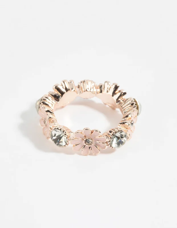 women’s signet rings-Rose Gold Flower & Diamante Ring