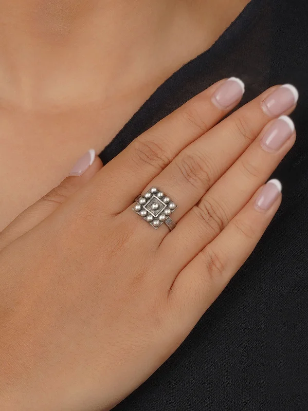 women’s stackable silver rings-Grey Color Silver Plated Tribal Ring - EK-SFRNG172