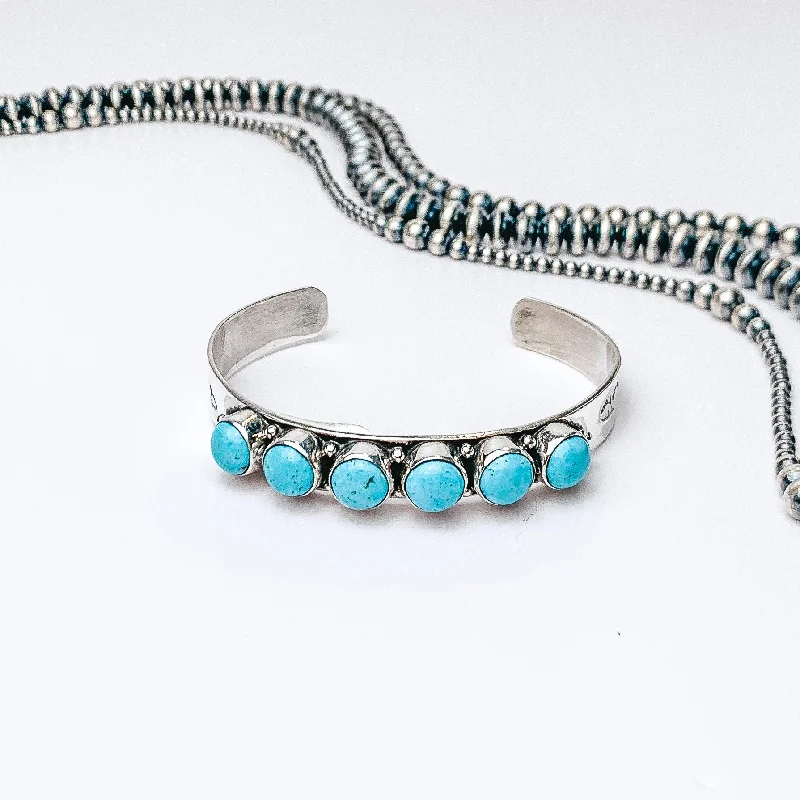 women’s chic bangle bracelets-HaDa Collection | Detailed Sterling Silver Cuff with Six Blue Kingman Turquoise Stones