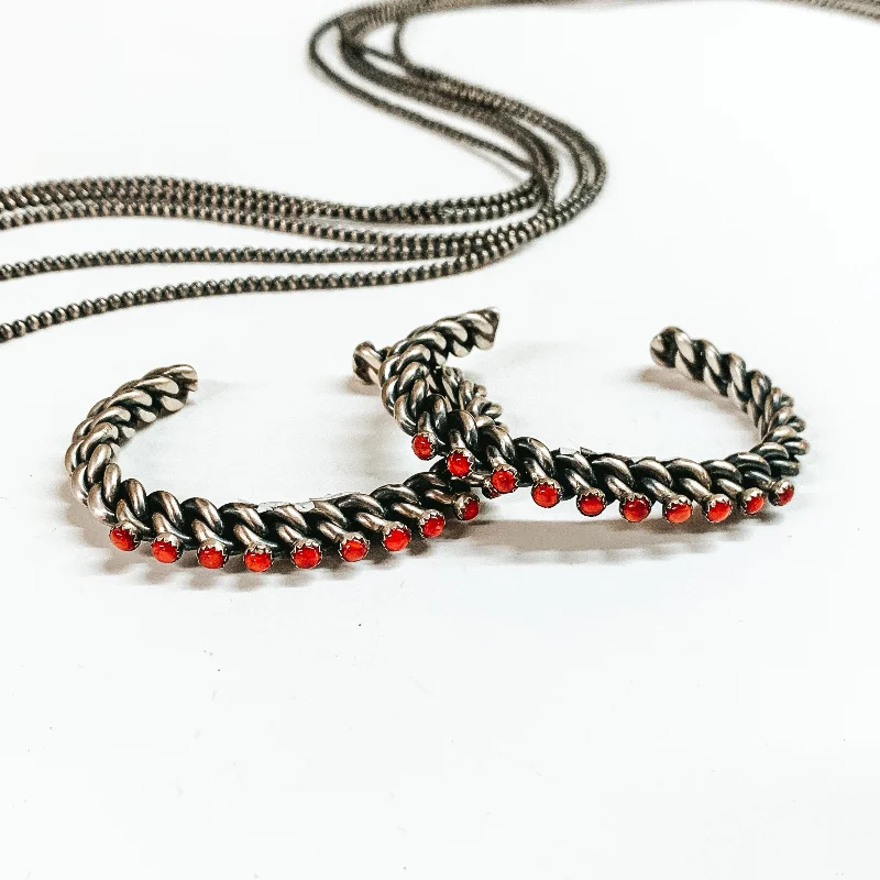 women’s chunky bracelets-Navajo | Navajo Handmade Sterling Silver Braided Cuff with Ten Small Red Coral Stones