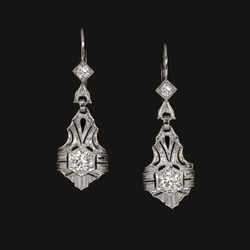 women’s ethnic earrings-0.88ct ART DECO VINTAGE DIAMOND DANGLE EARRINGS 18k WHITE GOLD OLD EUROPEAN CUT