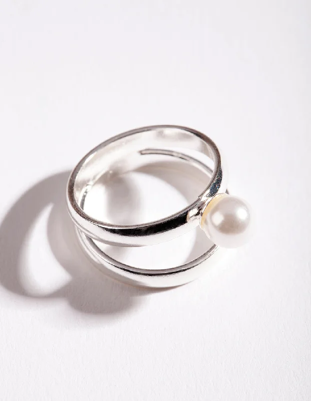 women’s unique rings-Silver Double Pearl Ring