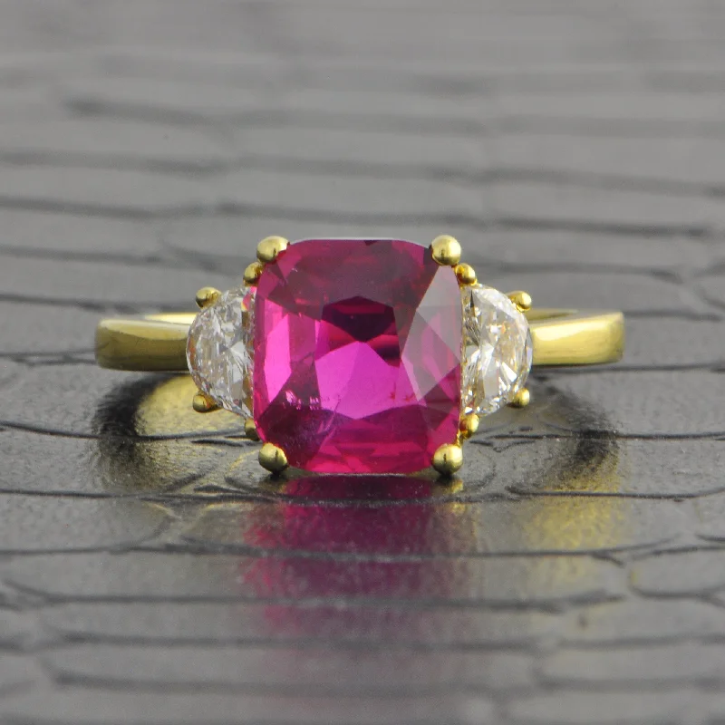 women’s engagement rings with baguette diamonds-Statement Ruby and Half Moon Cut Diamond Ring in 18k Yellow Gold