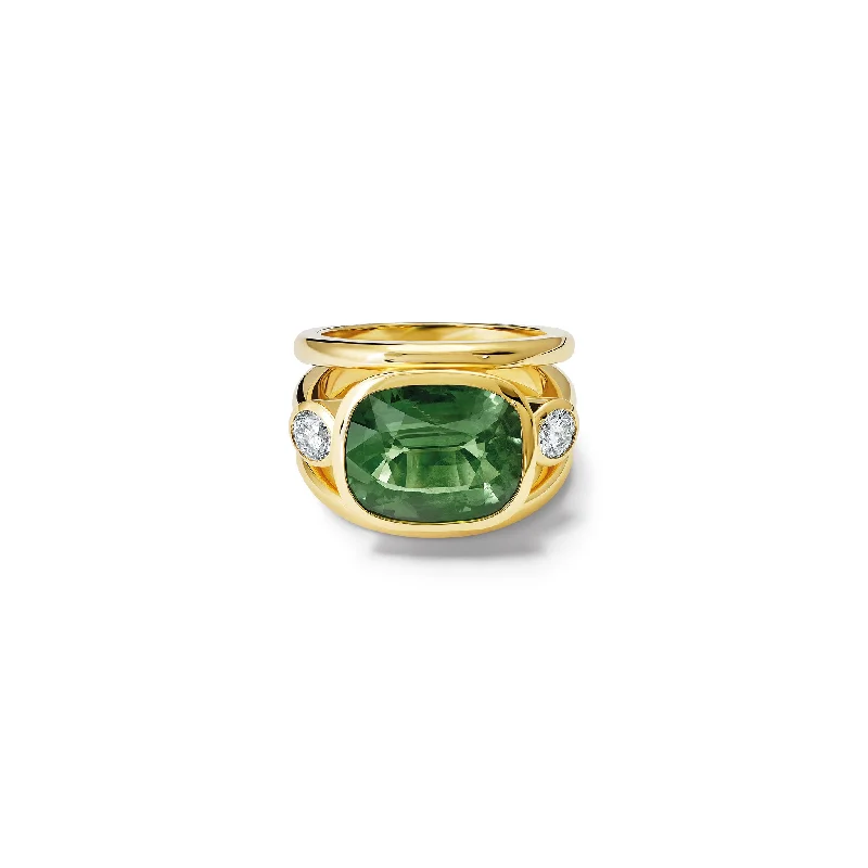 women’s cushion-cut rings-Aeneus Ring 18ct Yellow Gold - Green Sapphire & Diamond