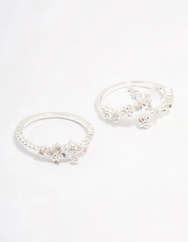 women’s moonstone rings-Silver Plated Floral Stone Stacking Rings