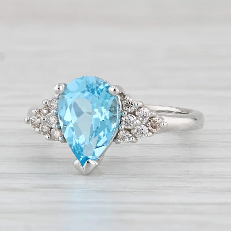 women’s diamond cluster engagement rings-2.56ctw Pear Blue Topaz Diamond Ring 14k White Gold Size 6.75 Teardrop