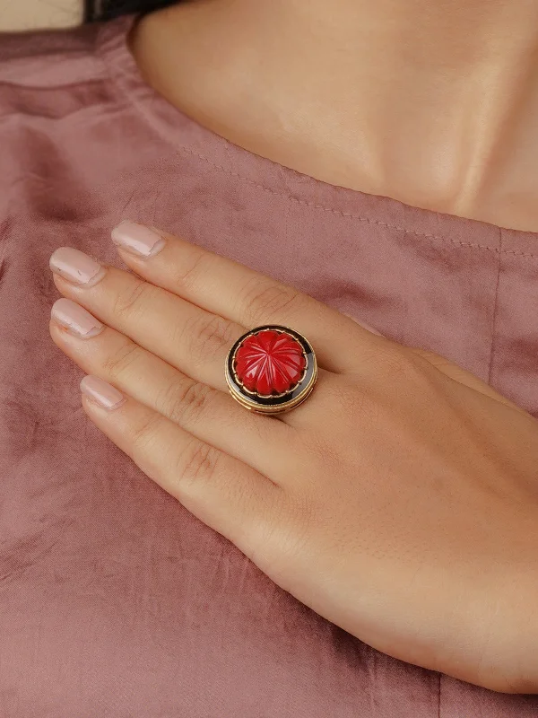 women’s cocktail rings-Red Color Gold Plated Contemporary Ring - CC-RNG6R