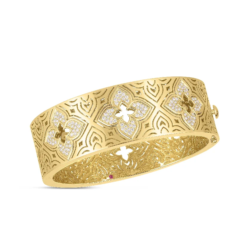 women’s lucky bracelets-18K YELLOW GOLD VENETIAN PRINCESS ETCHED FRAMED DIAMOND WIDE BANGLE