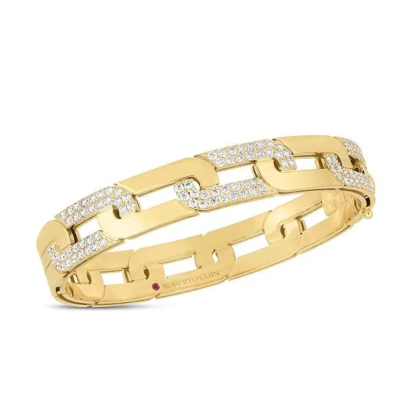 women’s open cuff bracelets-18K YELLOW GOLD NAVARRA LARGE ALTERNATING DIAMOND LINK WIDE BANGLE