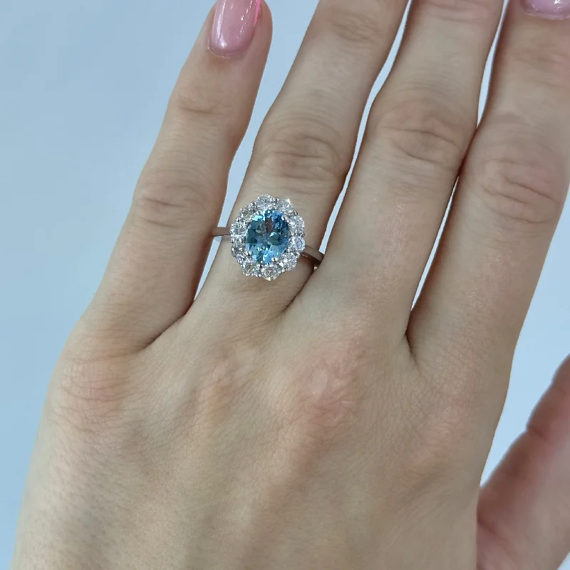 women’s elegant engagement rings-Oval Aquamarine and Diamond Ring