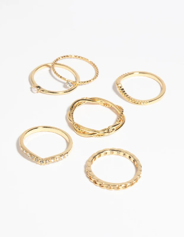 women’s sterling silver rings-Gold Plated Diamante Twist Ring 6-Pack