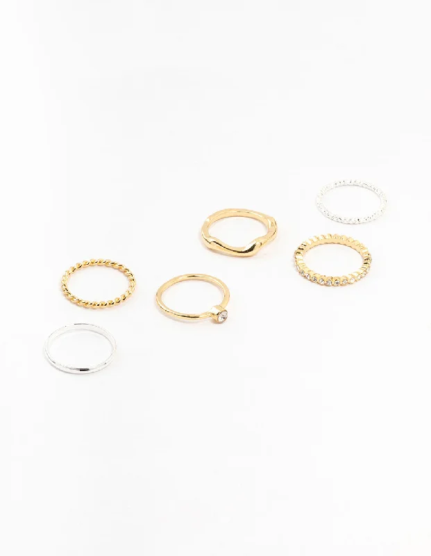 women’s designer rings-Mixed Metals Molten & Diamante Rings 6-Pack