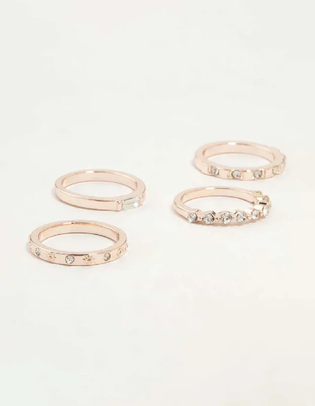 women’s silver engagement rings-Rose Gold Plated Molten & Diamante Rings 6-Pack