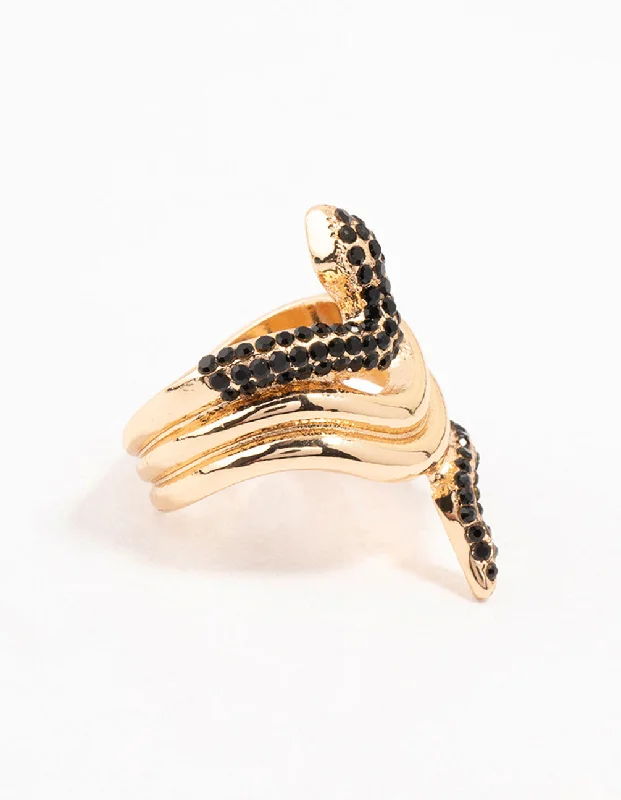 women’s art deco rings-Black Diamante & Gold Stacked Snake Ring