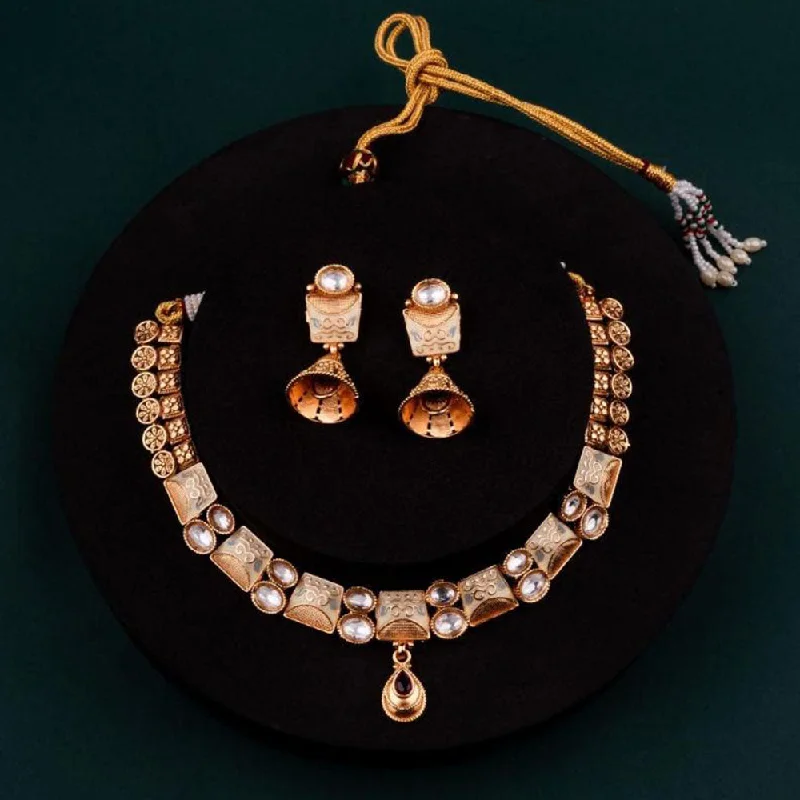 women’s pendant necklaces-ChicCharm Jewellery Brass And Copper Gold Plated Uncut Polki Micro Rajwadi Necklace Set