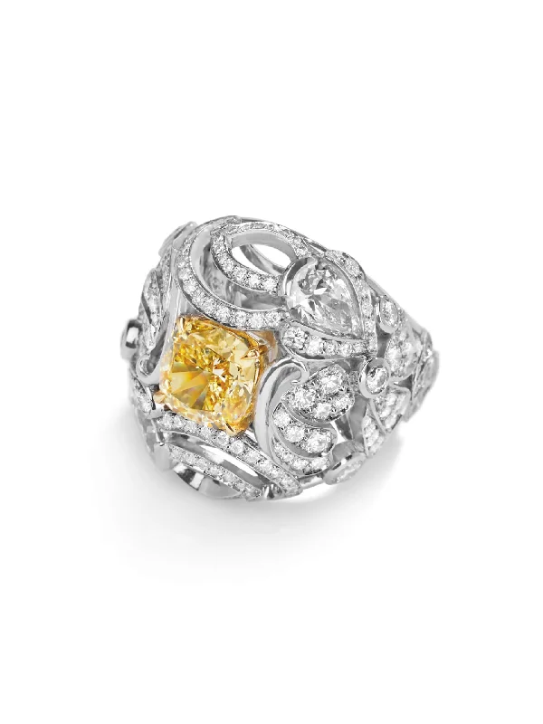 women’s solitaire engagement rings-Chalk Stream Yellow Cushion Platinum Diamond Ring