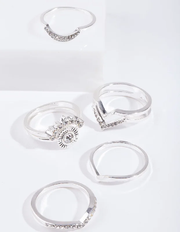 women’s band rings-Silver Diamante Point Ring 7-Pack