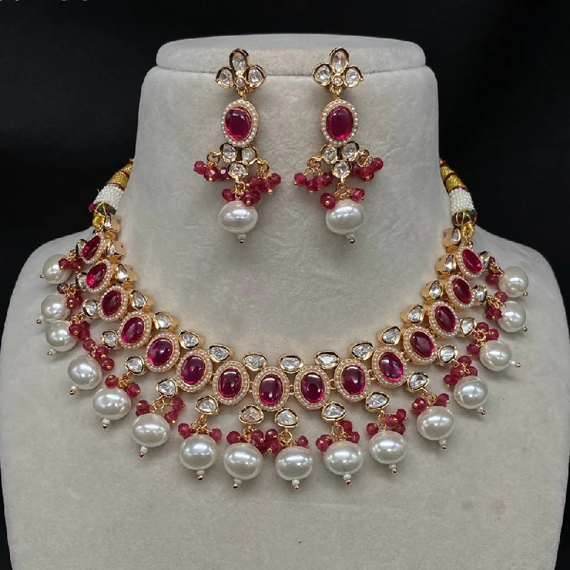 women’s matching necklaces and earrings-Royal Kundan Jewellery Gold Plated Polki Kundan And Beads Necklace Set