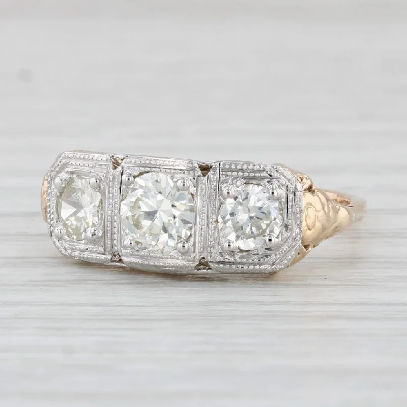 women’s floral engagement rings-Vintage 1.11ctw 3-Stone Diamond Ring 10k 14k Gold Size 8.25 Floral Filigree