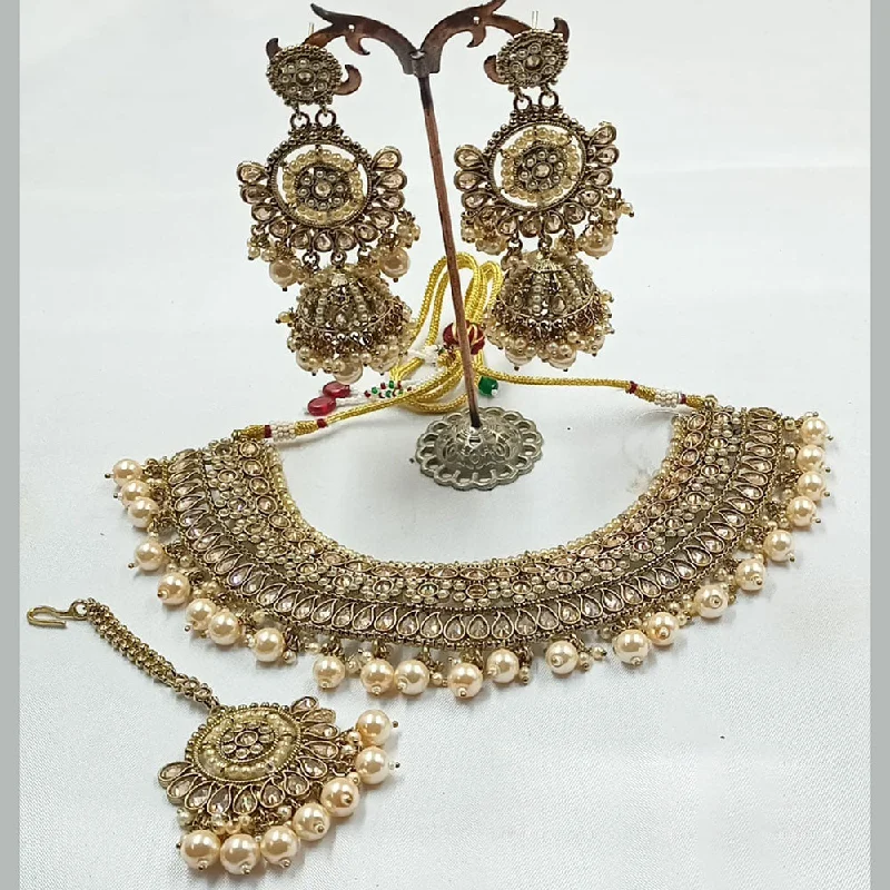 women’s pearl necklaces-Padmawati Bangles Gold Plated Crystal Stone Choker And Pearls Necklace Set