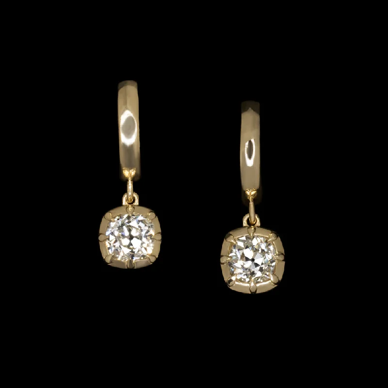 women’s flower earrings-1.31ct OLD MINE CUT DIAMOND DROP EARRINGS VINTAGE STYLE COLLET GOLD HUGGIE HOOP