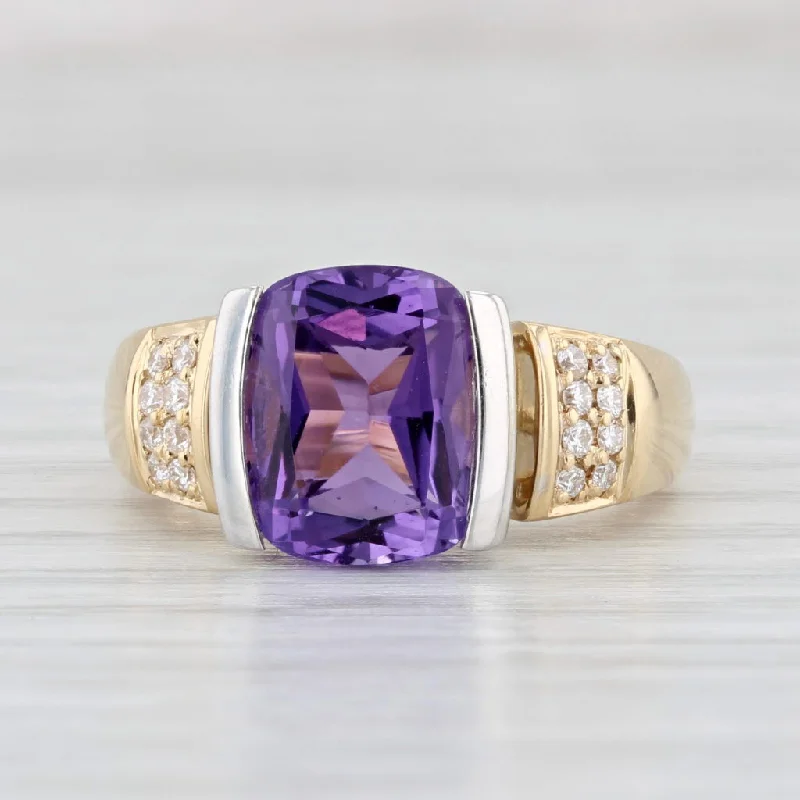 women’s engagement rings with vintage designs-3.09ctw Cushion Amethyst Diamond Ring 18k Yellow Gold Size 6.25