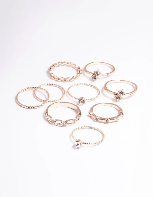 women’s platinum engagement rings-Rose Gold Crystal Chain Ring Pack