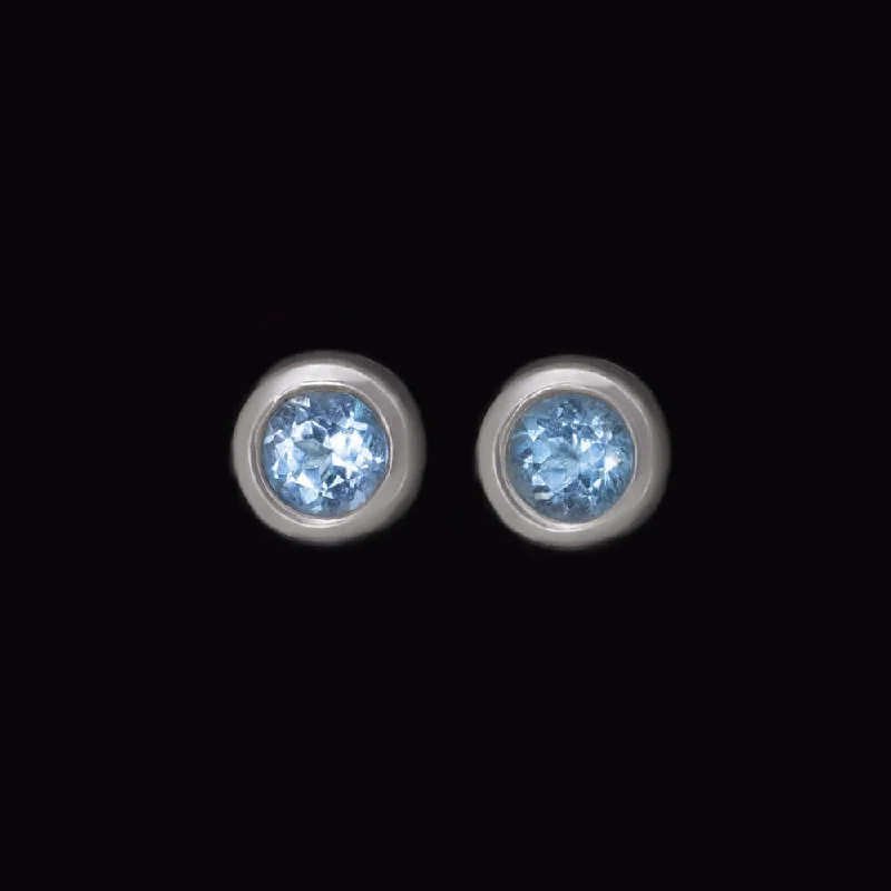 women’s twisted earrings-1.5ct BLUE TOPAZ 18K WHITE GOLD STUD EARRINGS BEZEL SET ROUND CUT CLASSIC SIMPLE