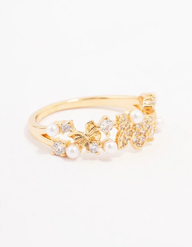 women’s sparkling rings-Gold Plated Butterfly Pearl Band Ring