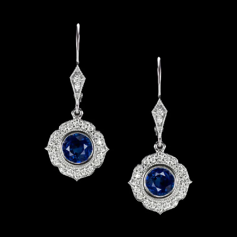 women’s fashion earrings-1.64ctw SAPPHIRE DIAMOND DANGLE EARRINGS VINTAGE STYLE HALO DROP SCALLOPED BLUE