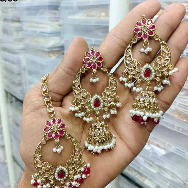 women’s large hoop earrings-Shree Chamunda Jewellers Gold Plated Crystal Stone And Pearls Earrings With Maangtikka