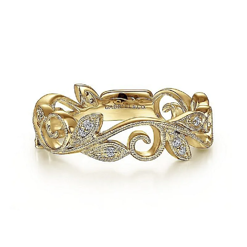 women’s unique engagement rings with diamonds-14K Yellow Gold Scrolling Floral Diamond Ring