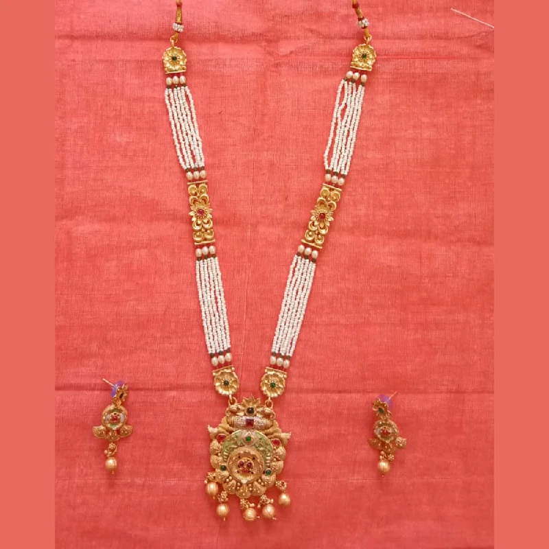 women’s vintage pendant necklaces-Neetu Art Gold Plated Pota Stone And Pearl Long Necklace Set