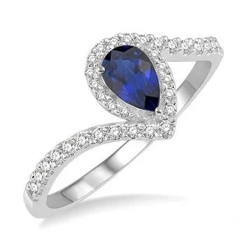 women’s oval diamond engagement rings-10K White Gold Pear Shaped Sapphire and Diamond Ring