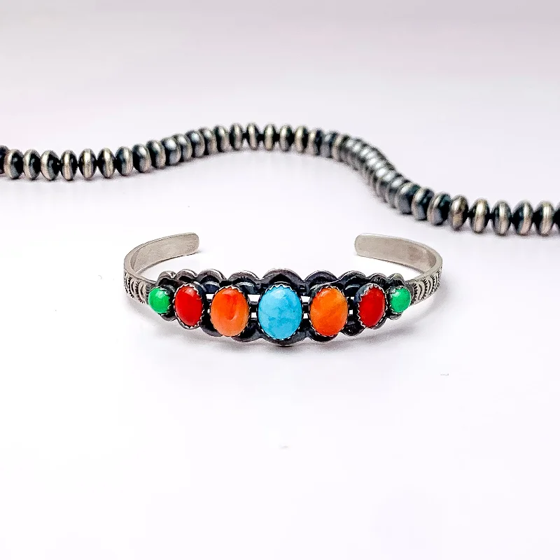 women’s classy bracelets-Russell Sam | Detailed Sterling Silver Cuff with Seven Multi-Colored Turquoise Stones