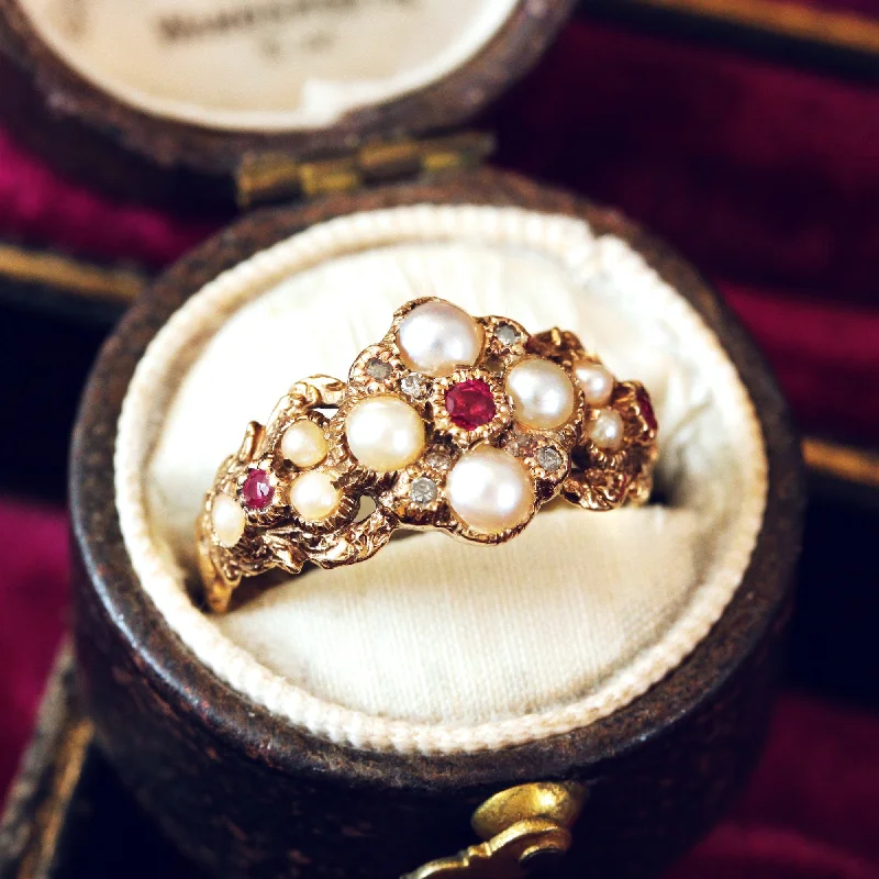 women’s engagement rings with vintage designs-Georgian Style Pearl, Ruby & Diamond Ring