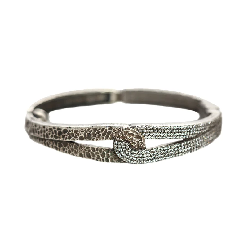 women’s chic bracelets-VINTAGE SILVER ROCKOVE CRYSTAL & HAMMERED LOOP BANGLE