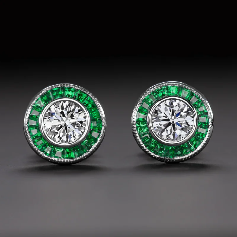 women’s hoop earrings set-ART DECO STYLE E VS DIAMOND EMERALD STUD EARRINGS ROUND CUT CALIBRE HALO TARGET