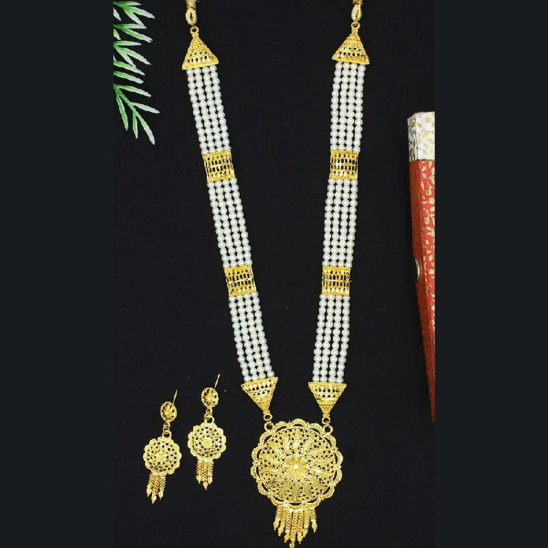 women’s pearl choker necklaces-Mahavir Dye Gold Pearl Long Necklace Set