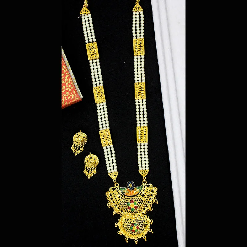 women’s heart-shaped pendants-Mahavir Dye Gold Plated Pearl Long Necklace Set