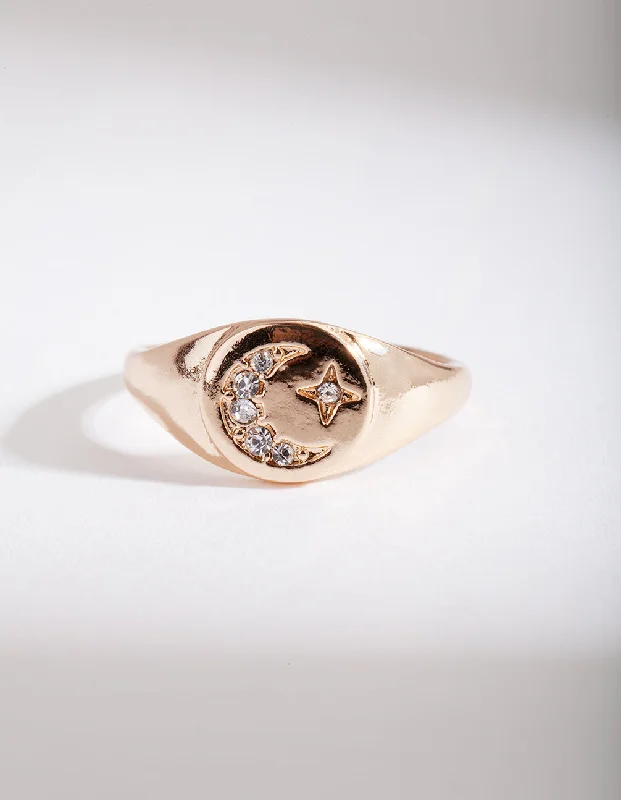 women’s luxury rings-Gold Celestial Diamante Moon Ring