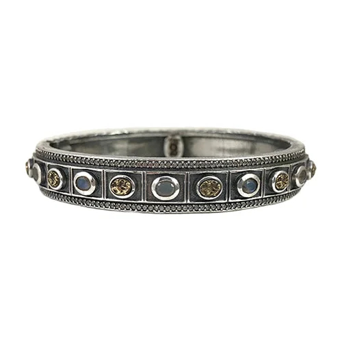 women’s cocktail bracelets-VINTAGE SILVER BELA SMALL OVAL LABRADORITE & COIN BANGLE