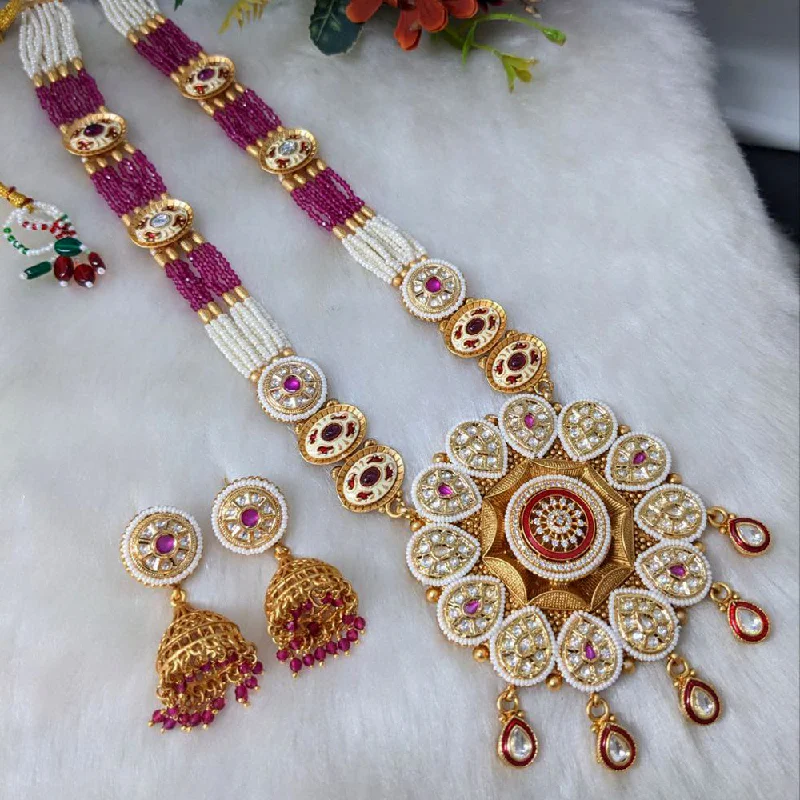 women’s vintage necklaces-Aamrapali Gold Plated Kundan & Pearl Long  Necklace Set