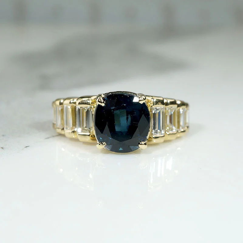 women’s alternative engagement rings-Cushion Cut Sapphire & Baguette Diamond Ring