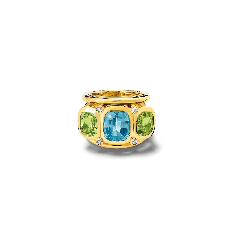 women’s diamond eternity rings-Ozymandias Ring 18ct Yellow Gold - Aquamarine, Peridot & Diamond