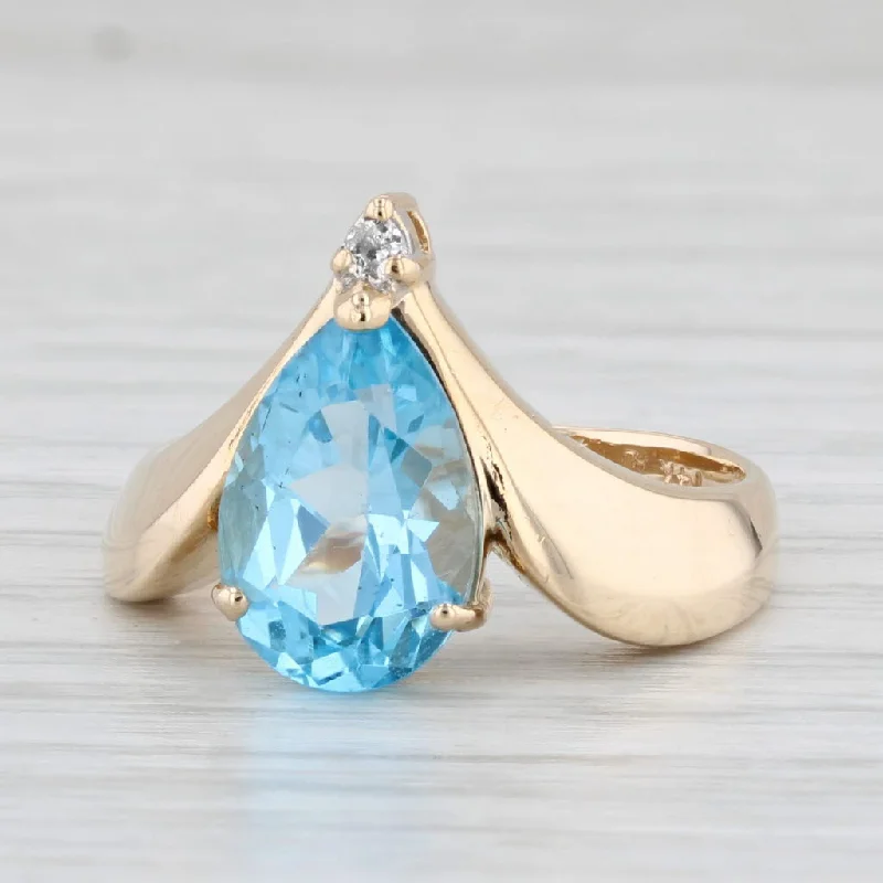 women’s modern solitaire engagement rings-3.97ctw Pear Blue Topaz Diamond Ring 14k Yellow Gold Size 7.75