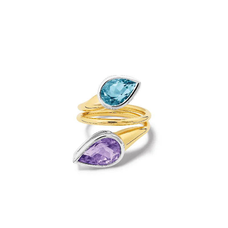 women’s heart-shaped rings-Nicoline Ring 18ct Yellow & White Gold - Purple Tourmaline & Aquamarine