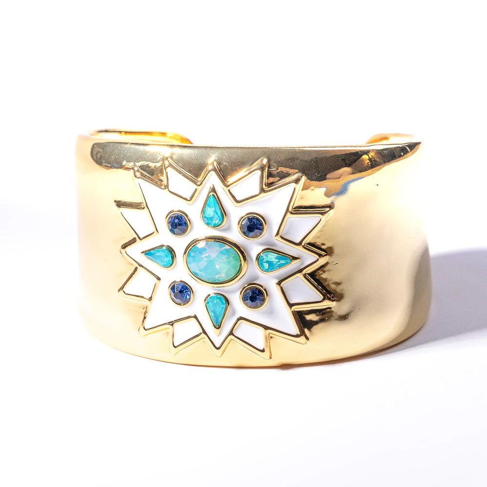 women’s polished silver bangles-Gold Cuff with White Enamel, Sapphire and Aqua Gem Center