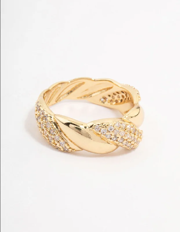 women’s pearl rings-Gold Plated Cubic Zirconia Braided Ring